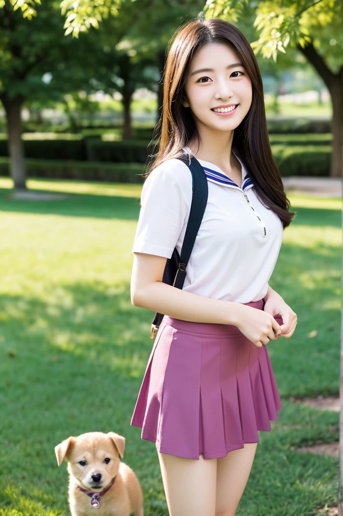 Image resolution 8K、masterpiece:1.3)、Beauty、1 female、(魅力的なbody:1.2)、abdomen:1.1、Dark Brown Hair:1.1、(body:1.2)、Ultra-detailed face、Attractive lips、double eyelid、Super realistic and detailed super cute in a white short sleeved zippered sailor suit and pink skirt、Japanese 、Japanese women、10th generation(17 years old)、Smiling with a nice smile、Hair fluttering in the wind、Take a photo with a nice pose、Playing with a puppy on the grass in the park、