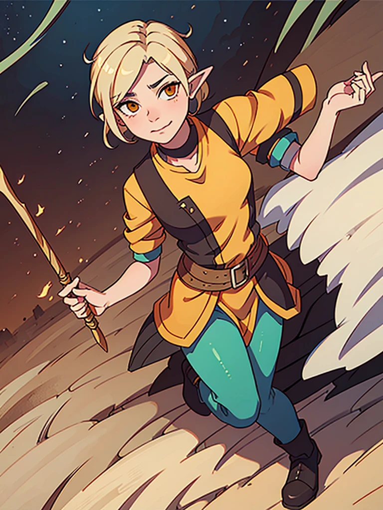 Androgynous elf, blonde, short hair, orange eyes, smirk, sorcerer, aventurer clothes, full body, Dungeon Meshi artstyle