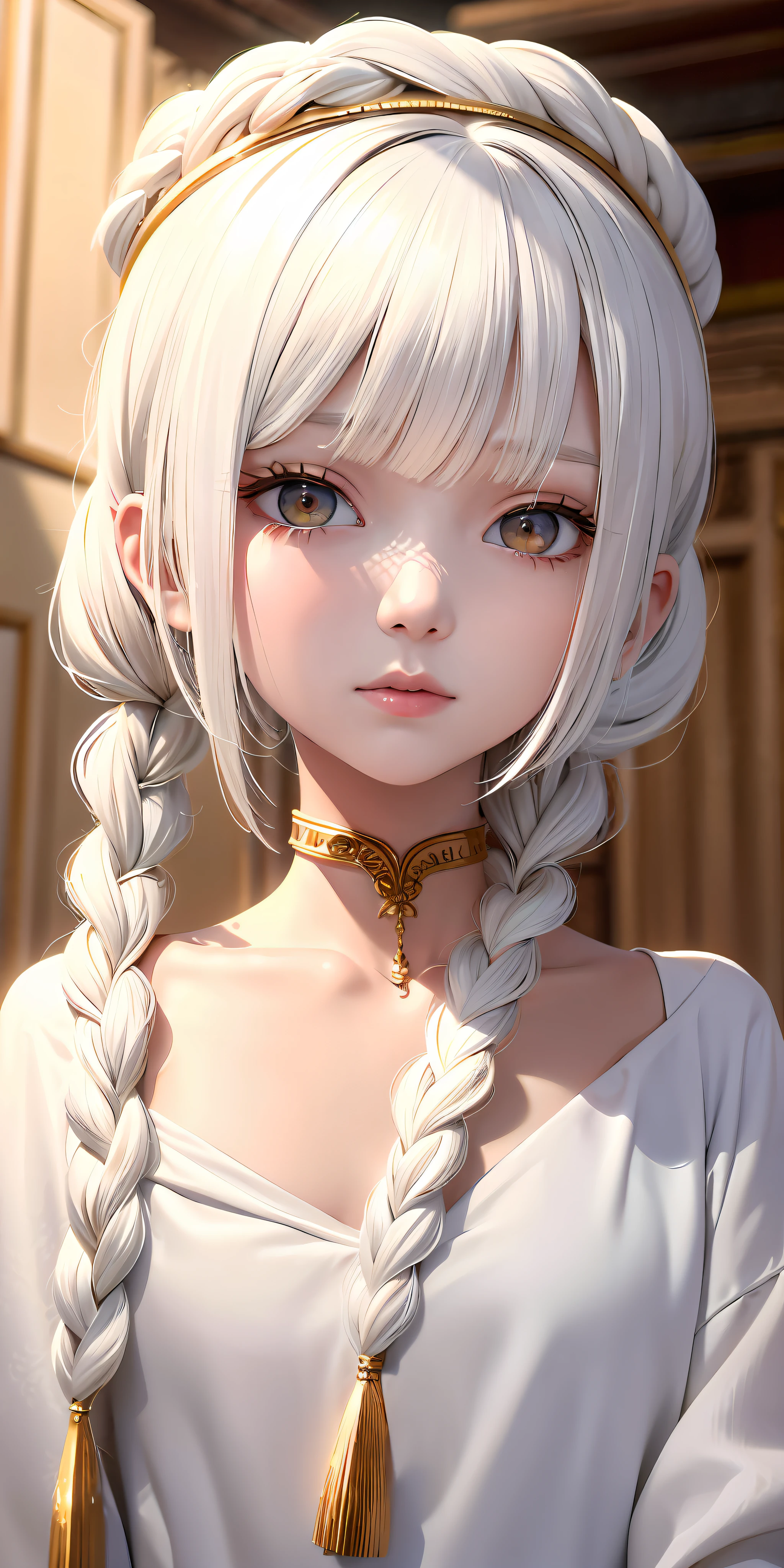 best quality, masterpiece,white hair, gold eyes,white clothes, looking up, upper body,hair strand,Fair skin,side braids