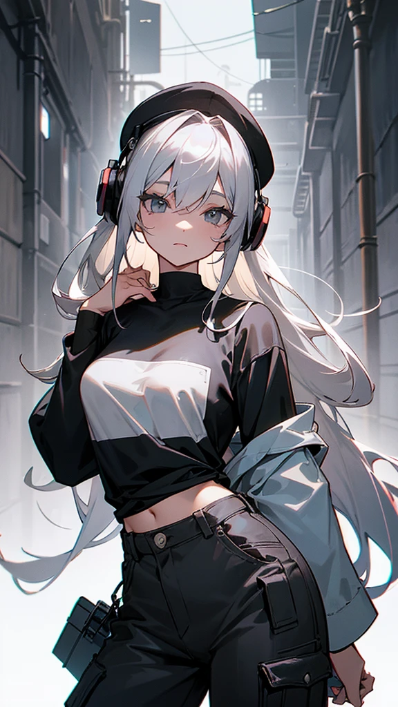 
“Create a high-resolution image of a character with long silver hair wearing a cap. The character’s hair is tied and falling down from the back of the cap. They are dressed in an off-shoulder black shirt with the word ‘ROCK’ in white letters on the . The character has tattoos on their arm and is wearing loose-fitting gray cargo pants. They are also wearing headphones. The background is a dimly lit alleyway.”

