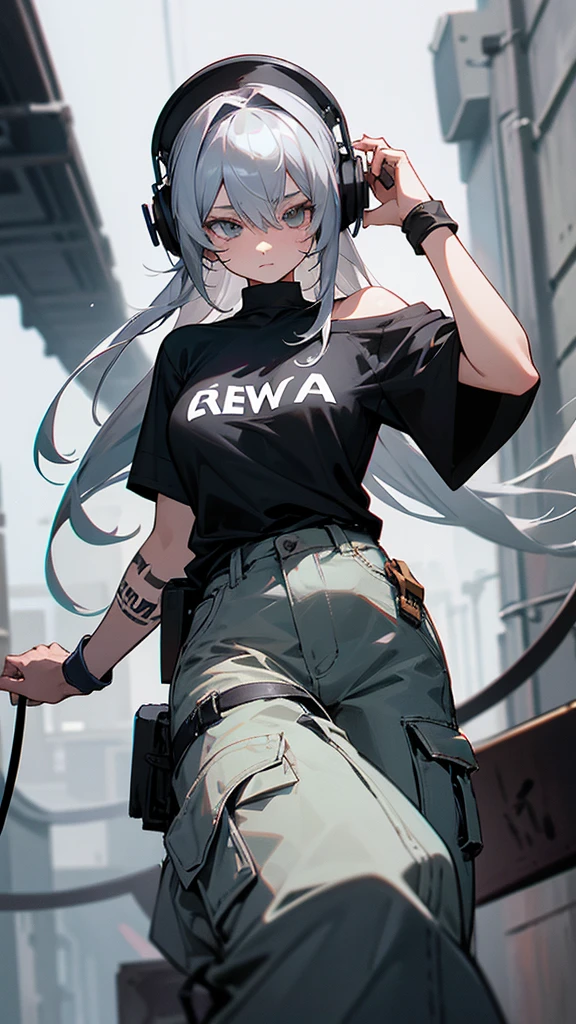 
“Create a high-resolution image of a character with long silver hair wearing a cap. The character’s hair is tied and falling down from the back of the cap. They are dressed in an off-shoulder black shirt with the word ‘ROCK’ in white letters on the chest. The character has tattoos on their arm and is wearing loose-fitting gray cargo pants. They are also wearing headphones. The background is a dimly lit alleyway.”

