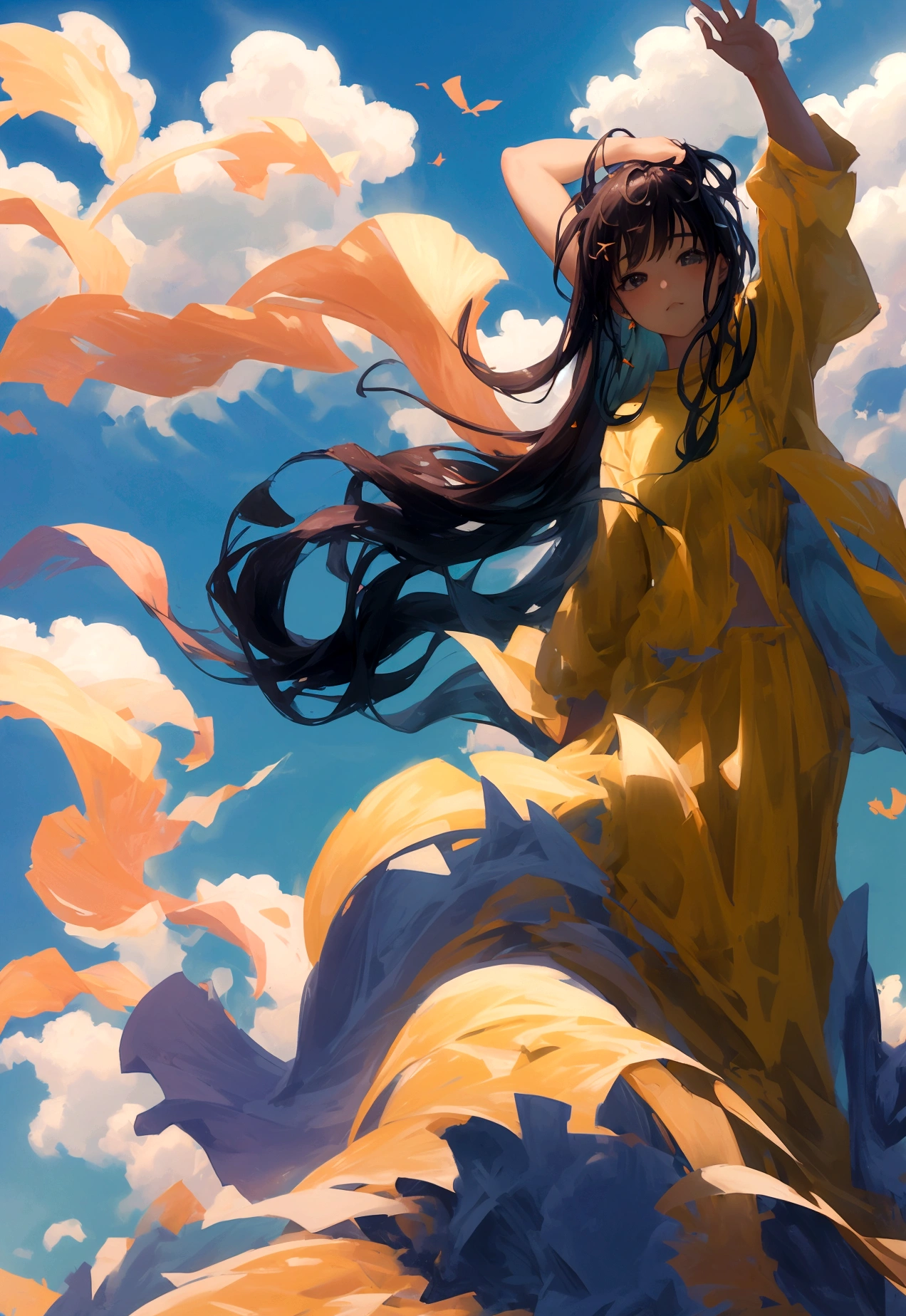 Ultra-realistic, highest resolution, highest quality, ultra-realistic depiction, the background is a wide field with a sky, a teenage girl is waving to you, full body,