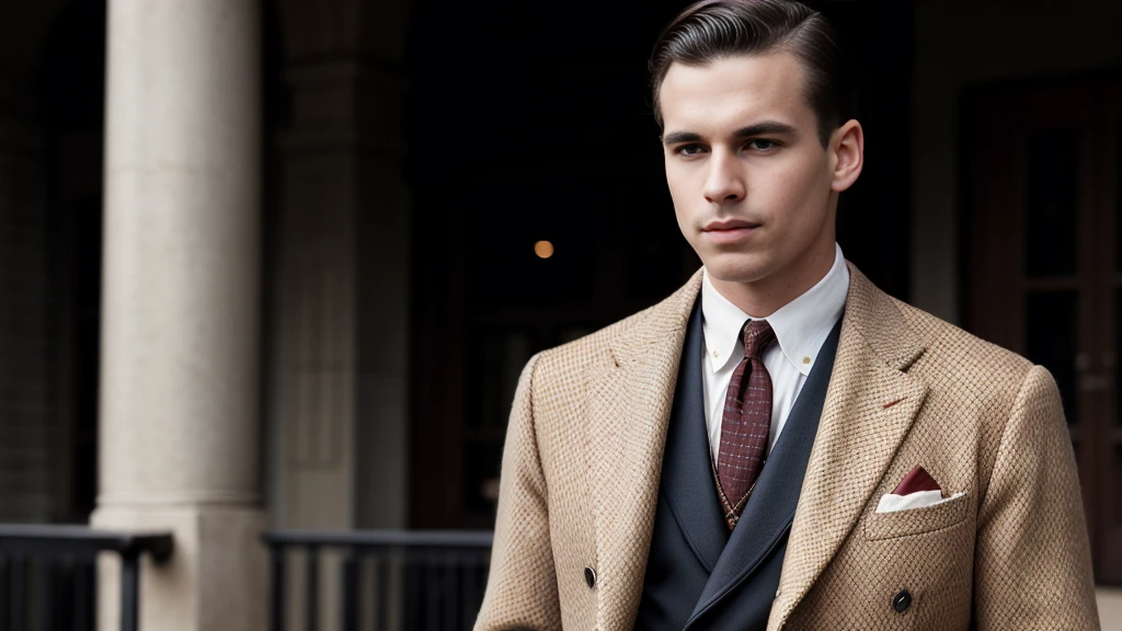 Dapper man in a vintage suit, confidently holding a cigar, Classic and sophisticated gentleman look, Detailed clothing with retro style patterns and textures, Rich color palette with deep tones, Elegant and refined posture, Sharp focus on facial features and attire, Realistic style with a touch of nostalgia, Warm and soft lighting enhancing the vintage vibe, by John Singer Sargent and Norman Rockwell