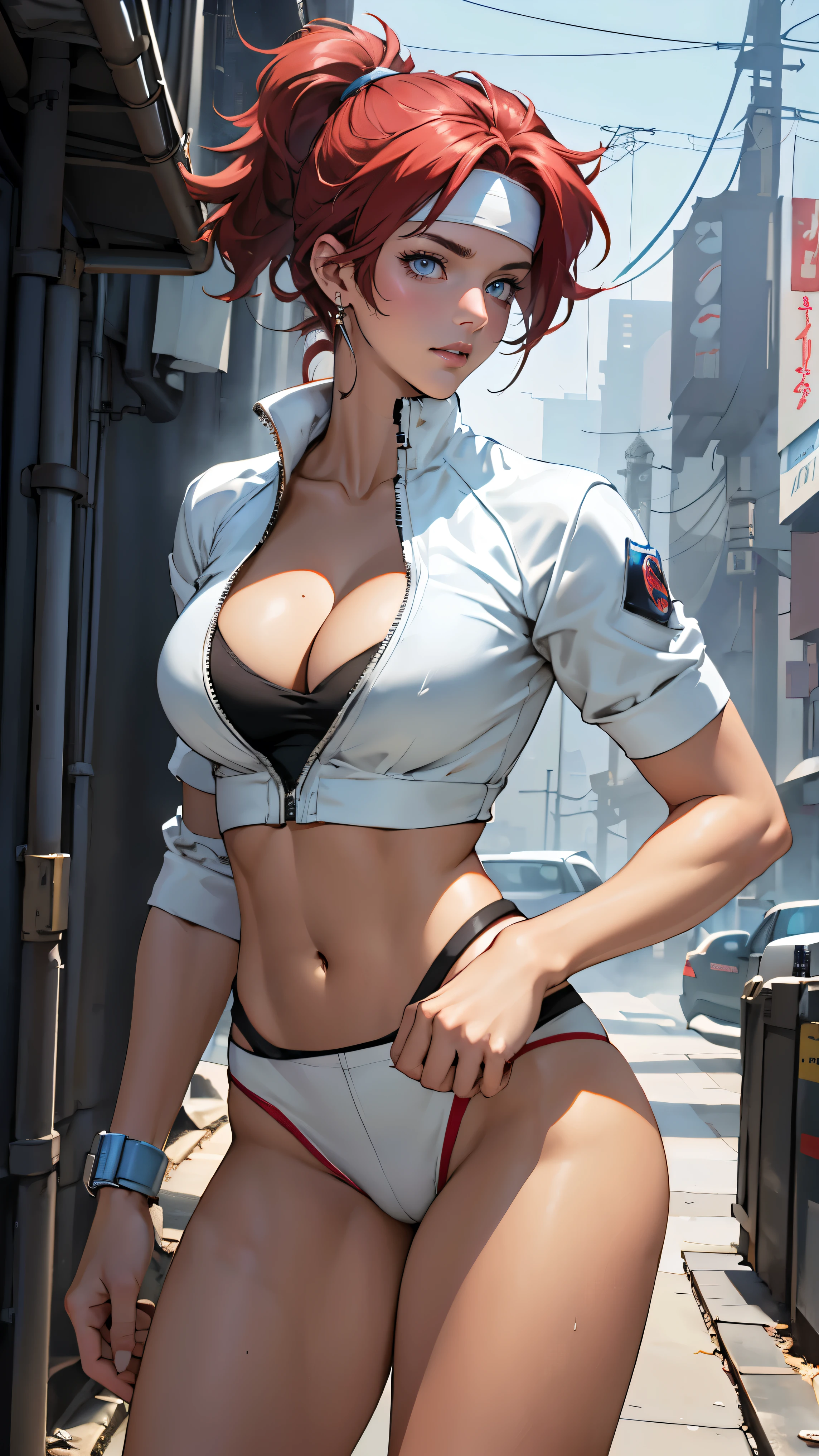 ((Masterpiece, highest quality; 1.3)), super quality, beautiful detail, super detailed, extra fine, 16K, exquisite, absurd, high resolution, beautiful background, detailed background, beautiful eyes, beautiful skin, anime style, Kay from  Pair in a white outfit, tight outfit, cleavage, bushy redhead beauty, very light blue uniform, wearing tight clothes, skimpy, (mid : 1.2), cleavage, cleavage, slim waist , thin waist, slim thighs, thin legs, slim legs. thigh gap, showing stomach, skinny, thin , cyberpunk city background, holding retro space gun , headband, 