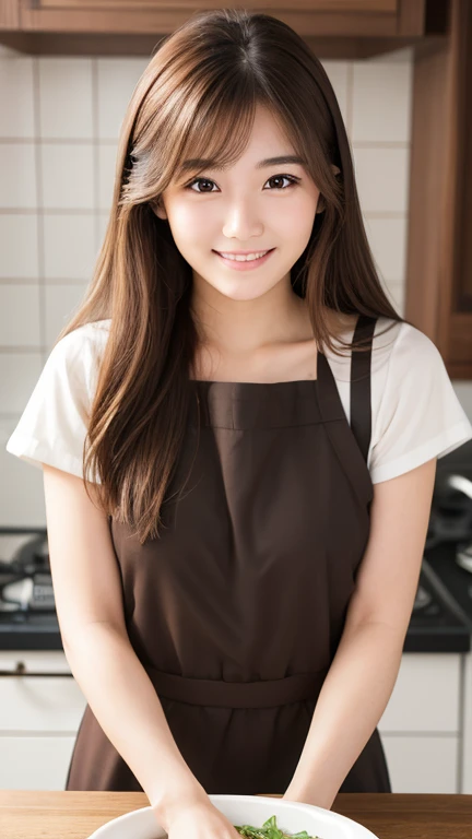 Brown Hair,Medium Hair,20-year-old female, Small Nose, With the right face, Cute natural smile, Japanese facial features, Clean and pretty face, Cute realistic portrait, Asian Face, 8K Photo, Soft Makeup,Natural skin texture,RAW Photos,Highest quality,Full Body Shot,cooking