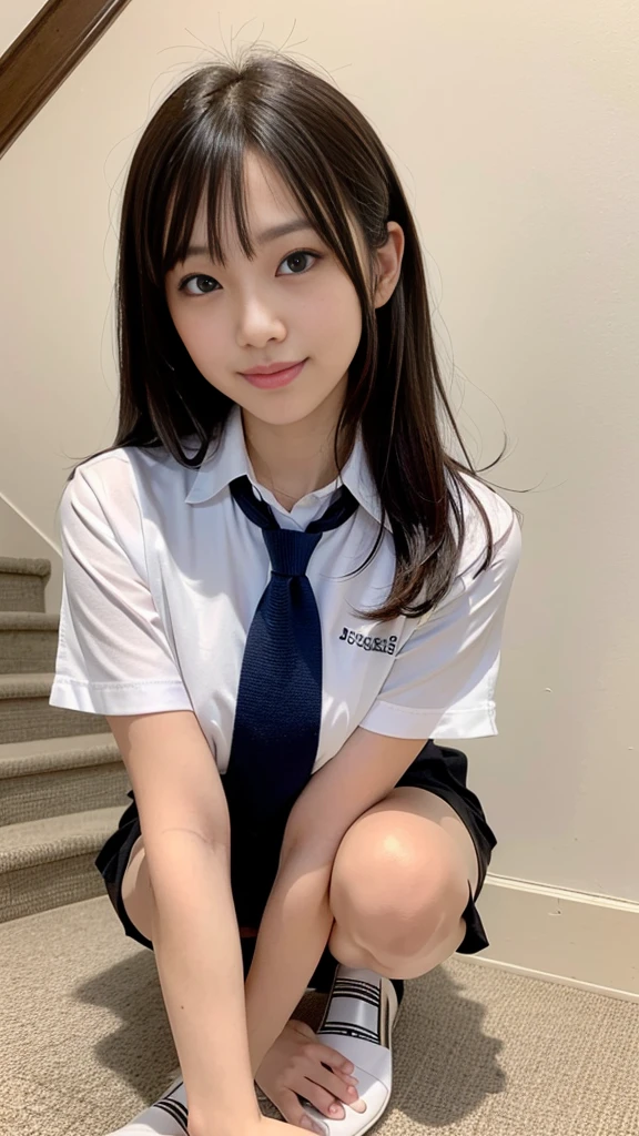 ((masterpiece)), ((Highest quality)), (Super detailed), ((Very detailed)), 4K, (8K), Highest quality, (beautiful), Genuineistic, Genuine, Dynamic Angle 0, Young cute Japanese girl seen from the front ,Squat on the stairs with your legs spread., Attractive appearance ,Long Bob Hair ,One girl, alone,(White short sleeve shirt), (Blue tie), (Grey pleated mini skirt), (black loafer shoes) , ((beautiful eyes)), Large Breasts, Big smile, Super cute face, Glossy lips, Double eyelids on both eyes, Long eyelashes ,Natural Makeup, shiny smooth light brown hair of Long Bob Hair, Asymmetrical bangs, High resolution, High detail, Detailed hairstyle, Detailed face, Cinema Lighting, Octane Rendering, hyper Genuineistic, Perfect limbs, Perfect Anatomy