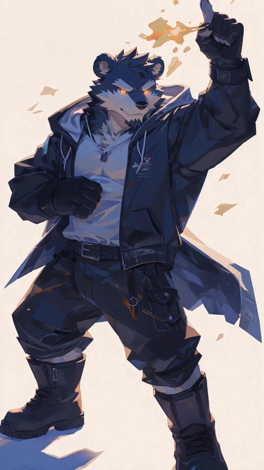 (masterpiece:1.2), best quality,pixiv,official art,perfect anatomy, (Ray tracing, light),solo, (1_male:1.3) , (muscle), (dark fur:1.4), (dynamic poses:1.3), (ultra deTailed), sharp focus, Negi, eyes, (glowing cyan eyes), hairy, (Gray fur:1.4),(muscle bear), (beard:1.2), Tail, Thick eyebrows,(open hoodie:1.3), black gloves, naked inside, cargo shorts, boots, ultra deTailed face, high deTails, high quality, (best quality,4K,8K,high resolution,masterpiece:1.2),bright colors, reach hand, (white background:1.3)