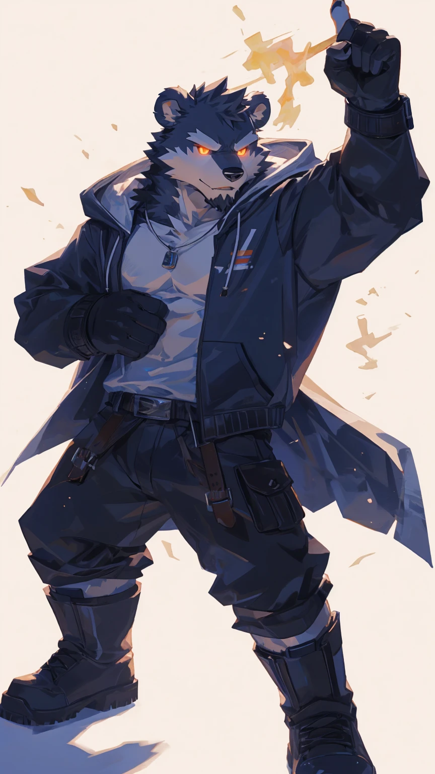 (masterpiece:1.2), best quality,pixiv,official art,perfect anatomy, (Ray tracing, light),solo, (1_male:1.3) , (muscle), (dark fur:1.4), (dynamic poses:1.3), (ultra deTailed), sharp focus, Negi, eyes, (glowing cyan eyes), hairy, (Gray fur:1.4),(muscle bear), (beard:1.2), Tail, Thick eyebrows,(open hoodie:1.3), black gloves, naked inside, cargo shorts, boots, ultra deTailed face, high deTails, high quality, (best quality,4K,8K,high resolution,masterpiece:1.2),bright colors, reach hand, (white background:1.3)