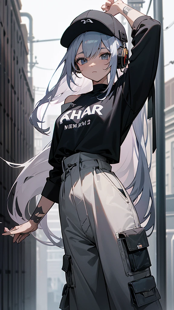 
“Create a high-resolution image of a character with long silver hair wearing a cap. The character’s hair is tied and falling down from the back of the cap. They are dressed in an off-shoulder black shirt with the word ‘ROCK’ in white letters on the . The character has tattoos on their arm and is wearing loose-fitting gray cargo pants. They are also wearing headphones. The background is a dimly lit alleyway.”

