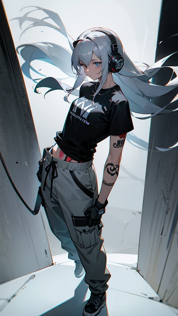 “Create a high-resolution image of a character with long silver hair wearing a cap. The character’s hair is tied and falling down from the back of the cap. They are dressed in an off-shoulder black shirt with the word ‘ROCK’ in white letters on the chest. The character has tattoos on their arm and is wearing loose-fitting gray cargo pants. They are also wearing headphones. The background is a dimly lit alleyway.”