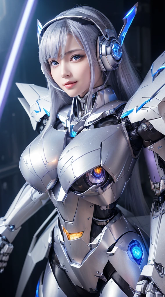 ((Intense action pose:1.6))、((Shining lenses on both breasts:1.3))、((Blue pillars of light are emanating from both chests.:1.3))、smile、((8K)), ((32k)), ((Highest quality)), ((masterpiece)), ((超A high resolution)), ((Tmasterpiece)), ((Halation:1.4))、((Mechaニカルheadgear:1.2))、((Cyber headphones:1.3))、Fine skin, High quality fabric, Fine metal texture、((Beautiful and dense face))、RAW Photos、Professional, Ultra-fine painting, ((alone)), Beautiful breasts、Highest quality, Very detailed, Very detailed詳細, Finer details, so beautiful, ((Princess Knight Robot:1.2)), (Joints of machines, Mechanical Limbs:1.3), (The internal structure of the machine is exposed:1.3), (Long silver hair:1.1), (Beautiful and huge mechanical breasts)、White Veil, cowboy_shot, Side Focus, headgear, Shiny、(Five Fingers, Four fingers and thumb),Concept Art, Anime fantasy artwork, Detailed fantasy art, (with pale blue-violet hair and large white wings,,,,,,,), (((Long silver hair))), (Mecha:1.6)、Sleek and intimidating design, ((Commander-in-Chief'arm)), (Perfect robot body)、純白と青紫armまたは, Symmetrical wings, 8K high quality, detailed art, 3D rendering of character art in 8K, neat legs, Defined, Defined fingers,