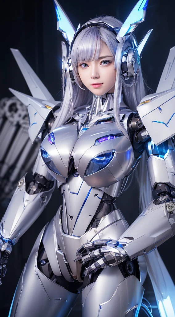 ((Intense action pose:1.6))、((Shining lenses on both breasts:1.3))、((Blue pillars of light are emanating from both chests.:1.3))、smile、((8K)), ((32k)), ((Highest quality)), ((masterpiece)), ((超A high resolution)), ((Tmasterpiece)), ((Halation:1.4))、((Mechaニカルheadgear:1.2))、((Cyber headphones:1.3))、Fine skin, High quality fabric, Fine metal texture、((Beautiful and dense face))、RAW Photos、Professional, Ultra-fine painting, ((alone)), Beautiful breasts、Highest quality, Very detailed, Very detailed詳細, Finer details, so beautiful, ((Princess Knight Robot:1.2)), (Joints of machines, Mechanical Limbs:1.3), (The internal structure of the machine is exposed:1.3), (Long silver hair:1.1), (Beautiful and huge mechanical breasts)、White Veil, cowboy_shot, Side Focus, headgear, Shiny、(Five Fingers, Four fingers and thumb),Concept Art, Anime fantasy artwork, Detailed fantasy art, (with pale blue-violet hair and large white wings,,,,,,,), (((Long silver hair))), (Mecha:1.6)、Sleek and intimidating design, ((Commander-in-Chief'arm)), (Perfect robot body)、純白と青紫armまたは, Symmetrical wings, 8K high quality, detailed art, 3D rendering of character art in 8K, neat legs, Defined, Defined fingers,