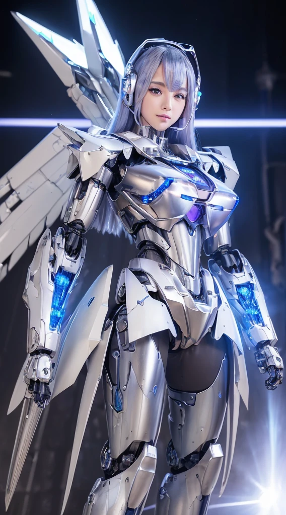 ((Intense action pose:1.6))、((Shining lenses on both breasts:1.3))、((Blue pillars of light are emanating from both chests.:1.3))、smile、((8K)), ((32k)), ((Highest quality)), ((masterpiece)), ((超A high resolution)), ((Tmasterpiece)), ((Halation:1.4))、((Mechaニカルheadgear:1.2))、((Cyber headphones:1.3))、Fine skin, High quality fabric, Fine metal texture、((Beautiful and dense face))、RAW Photos、Professional, Ultra-fine painting, ((alone)), Beautiful breasts、Highest quality, Very detailed, Very detailed詳細, Finer details, so beautiful, ((Princess Knight Robot:1.2)),  (Joints of machines, Mechanical Limbs:1.3), (The internal structure of the machine is exposed:1.3), (Long silver hair:1.1), (Beautiful and huge mechanical breasts)、White Veil, cowboy_shot, Side Focus, headgear, Shiny、(Five Fingers, Four fingers and thumb),Concept Art, Anime fantasy artwork, Detailed fantasy art, (with pale blue-violet hair and large white wings,,,,,,,), (((Long silver hair))), (Mecha:1.6)、Sleek and intimidating design, ((Commander-in-Chief&#39;arm)), (Perfect robot body)、純白と青紫armまたは, Symmetrical wings, 8K high quality, detailed art, 3D rendering of character art in 8K, neat legs, Defined, Defined fingers,