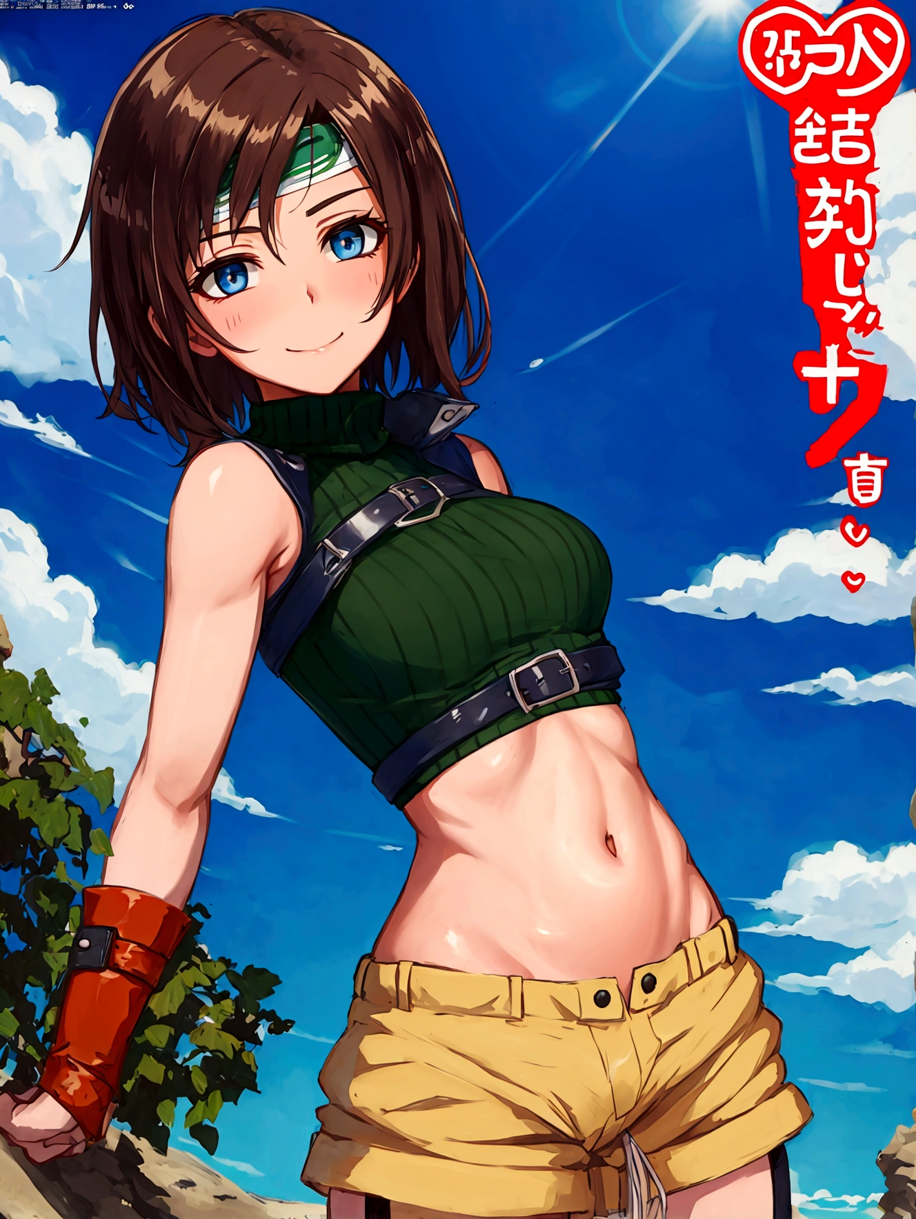 (anime cels style, best quality, high resolution, megami magazine, anime poster style, photorealistic), (beautiful eyes:1.2), 1girl
short hair
headband
navel
sleeveless
turtleneck
brown eyes
sleeveless turtleneck
solo
breasts
looking at viewer
smile
gloves
crop top
brown hair
shorts
midriff
armor
sweater
open fly
fingerless gloves
ribbed sweater
medium breasts
yufi_kisaragi_01 girl, (cowboy shot), (perfect detailed anatomy, beautiful face, perfect body, perfect arms, shiny skin), sunshine, forest, bluesky,