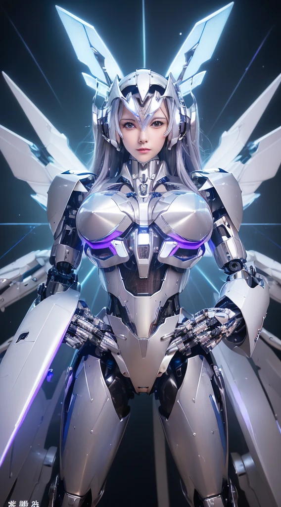 ((Intense action pose:1.6))、((Shining lenses on both breasts:1.3))、((Blue pillars of light are emanating from both chests.:1.3))、smile、((8K)), ((32k)), ((Highest quality)), ((masterpiece)), ((超A high resolution)), ((Tmasterpiece)), ((Halation:1.4))、((Mechaニカルheadgear:1.2))、((Cyber headphones:1.3))、Fine skin, High quality fabric, Fine metal texture、((Beautiful and dense face))、RAW Photos、Professional, Ultra-fine painting, ((alone)), Beautiful breasts、Highest quality, Very detailed, Very detailed詳細, Finer details, so beautiful, ((Princess Knight Robot:1.2)),  (Joints of machines, Mechanical Limbs:1.3), (The internal structure of the machine is exposed:1.3), (Long silver hair:1.1), (Beautiful and huge mechanical breasts)、White Veil, cowboy_shot, Side Focus, headgear, Shiny、(Five Fingers, Four fingers and thumb),Concept Art, Anime fantasy artwork, Detailed fantasy art, (with pale blue-violet hair and large white wings,,,,,,,), (((Long silver hair))), (Mecha:1.6)、Sleek and intimidating design, ((Commander-in-Chief&#39;arm)), (Perfect robot body)、純白と青紫armまたは, Symmetrical wings, 8K high quality, detailed art, 3D rendering of character art in 8K, neat legs, Defined, Defined fingers,