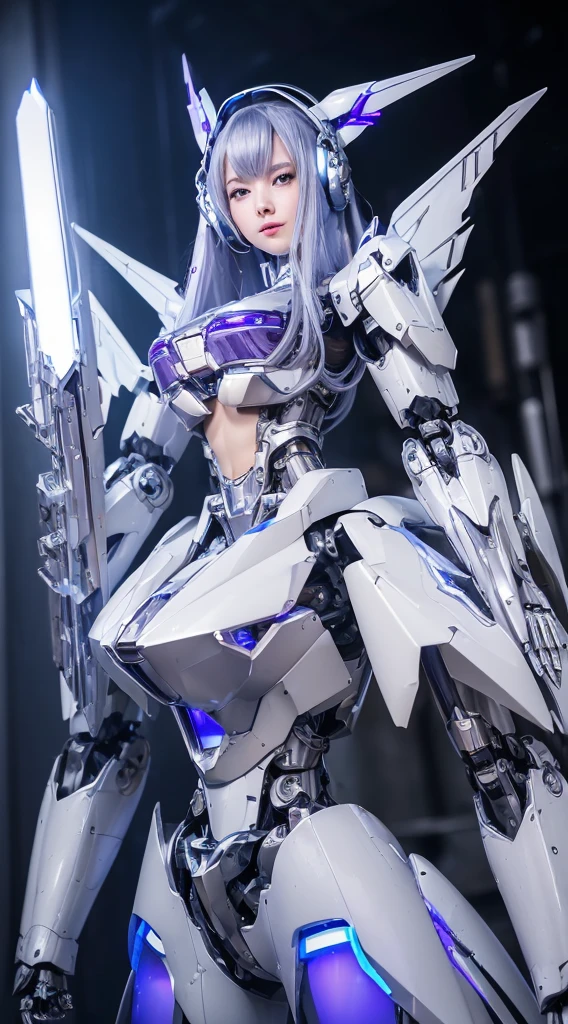 ((Intense action pose:1.6))、((Shining lenses on both breasts:1.3))、((Blue pillars of light are emanating from both chests.:1.3))、smile、((8K)), ((32k)), ((Highest quality)), ((masterpiece)), ((超A high resolution)), ((Tmasterpiece)), ((Halation:1.4))、((Mechaニカルheadgear:1.2))、((Cyber headphones:1.3))、Fine skin, High quality fabric, Fine metal texture、((Beautiful and dense face))、RAW Photos、Professional, Ultra-fine painting, ((alone)), Beautiful breasts、Highest quality, Very detailed, Very detailed詳細, Finer details, so beautiful, ((Princess Knight Robot:1.2)), (Joints of machines, Mechanical Limbs:1.3), (The internal structure of the machine is exposed:1.3), (Long silver hair:1.1), (Beautiful and huge mechanical breasts)、White Veil, cowboy_shot, Side Focus, headgear, Shiny、(Five Fingers, Four fingers and thumb),Concept Art, Anime fantasy artwork, Detailed fantasy art, (with pale blue-violet hair and large white wings,,,,,,,), (((Long silver hair))), (Mecha:1.6)、Sleek and intimidating design, ((Commander-in-Chief'arm)), (Perfect robot body)、純白と青紫armまたは, Symmetrical wings, 8K high quality, detailed art, 3D rendering of character art in 8K, neat legs, Defined, Defined fingers,