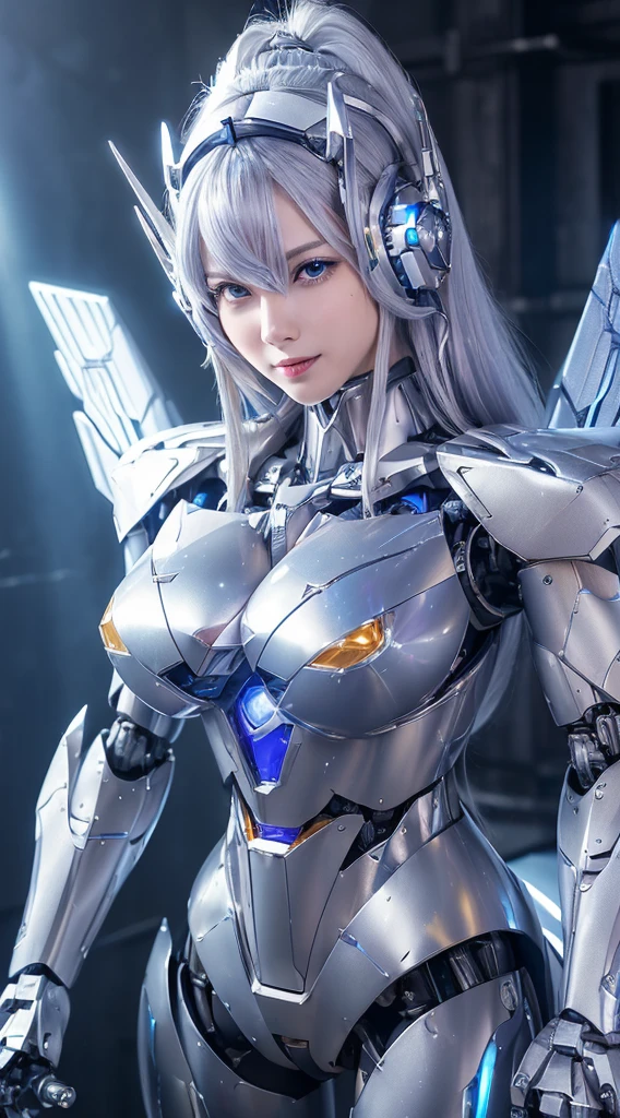 ((Intense action pose:1.6))、((Shining lenses on both breasts:1.3))、((Blue pillars of light are emanating from both chests.:1.3))、smile、((8K)), ((32k)), ((Highest quality)), ((masterpiece)), ((超A high resolution)), ((Tmasterpiece)), ((Halation:1.4))、((Mechaニカルheadgear:1.2))、((Cyber headphones:1.3))、Fine skin, High quality fabric, Fine metal texture、((Beautiful and dense face))、RAW Photos、Professional, Ultra-fine painting, ((alone)), Beautiful breasts、Highest quality, Very detailed, Very detailed詳細, Finer details, so beautiful, ((Princess Knight Robot:1.2)),  (Joints of machines, Mechanical Limbs:1.3), (The internal structure of the machine is exposed:1.3), (Long silver hair:1.1), (Beautiful and huge mechanical breasts)、White Veil, cowboy_shot, Side Focus, headgear, Shiny、(Five Fingers, Four fingers and thumb),Concept Art, Anime fantasy artwork, Detailed fantasy art, (with pale blue-violet hair and large white wings,,,,,,,), (((Long silver hair))), (Mecha:1.6)、Sleek and intimidating design, ((Commander-in-Chief&#39;arm)), (Perfect robot body)、純白と青紫armまたは, Symmetrical wings, 8K high quality, detailed art, 3D rendering of character art in 8K, neat legs, Defined, Defined fingers,