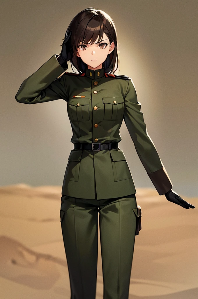 Content:
A black, female general with brown hair and brown eyes. Her uniform takes loose inspiration from German military uniforms, without any medals or a hat. She is saluting to the camera with a confident look in her eyes. She looks serious.
Medium:
Digital art, anime illustration.
Lighting:
Soft, natural lighting to emphasize her features and the details of her uniform, creating a balanced and realistic look.
Colours:
A palette of military greens and browns, with subtle highlights to bring out the texture of the uniform and the character's features. The background is a desert setting.
Composition:
A full-body shot, showcasing the character's mature look. She stands confidently, with her hand raised in a salute, and the desert landscape in the background.