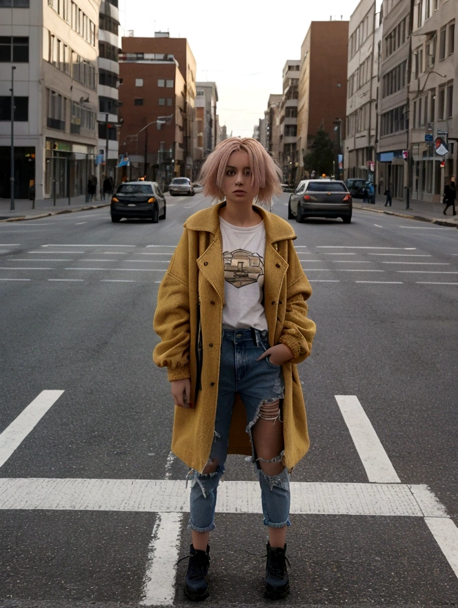 A girl with wheat-colored hair below her shoulders crosses the road at a pedestrian crossing. He was wearing a long oversize jacket and wide ripped jeans.