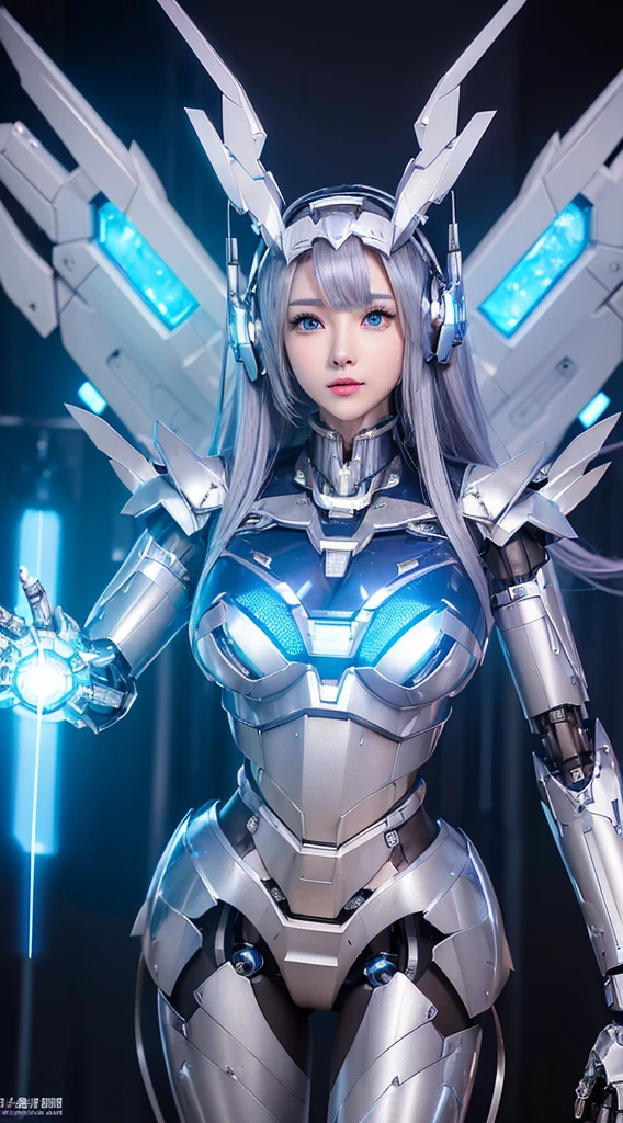 ((Intense action pose:1.6))、((Shining lenses on both breasts:1.3))、((Blue pillars of light are emanating from both chests.:1.3))、smile、((8K)), ((32k)), ((Highest quality)), ((masterpiece)), ((超A high resolution)), ((Tmasterpiece)), ((Halation:1.4))、((Mechaニカルheadgear:1.2))、((Cyber headphones:1.3))、Fine skin, High quality fabric, Fine metal texture、((Beautiful and dense face))、RAW Photos、Professional, Ultra-fine painting, ((alone)), Beautiful breasts、Highest quality, Very detailed, Very detailed詳細, Finer details, so beautiful, ((Princess Knight Robot:1.2)), (Joints of machines, Mechanical Limbs:1.3), (The internal structure of the machine is exposed:1.3), (Long silver hair:1.1), (Beautiful and huge mechanical breasts)、White Veil, cowboy_shot, Side Focus, headgear, Shiny、(Five Fingers, Four fingers and thumb),Concept Art, Anime fantasy artwork, Detailed fantasy art, (with pale blue-violet hair and large white wings,,,,,,,), (((Long silver hair))), (Mecha:1.6)、Sleek and intimidating design, ((Commander-in-Chief'arm)), (Perfect robot body)、純白と青紫armまたは, Symmetrical wings, 8K high quality, detailed art, 3D rendering of character art in 8K, neat legs, Defined, Defined fingers,