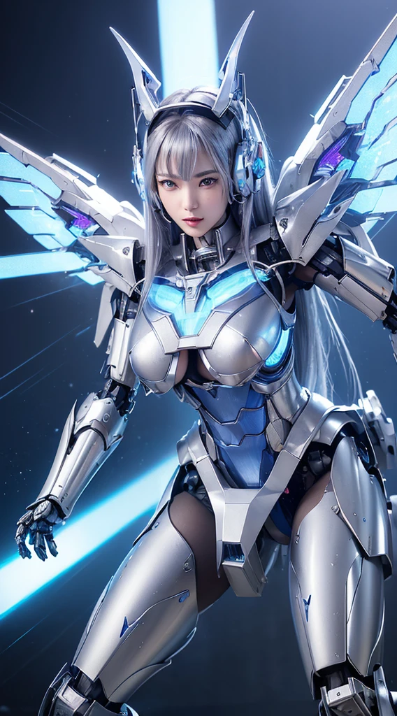 ((Intense action pose:1.6))、((Shining lenses on both breasts:1.3))、((Blue pillars of light are emanating from both chests.:1.3))、smile、((8K)), ((32k)), ((Highest quality)), ((masterpiece)), ((超A high resolution)), ((Tmasterpiece)), ((Halation:1.4))、((Mechaニカルheadgear:1.2))、((Cyber headphones:1.3))、Fine skin, High quality fabric, Fine metal texture、((Beautiful and dense face))、RAW Photos、Professional, Ultra-fine painting, ((alone)), Beautiful breasts、Highest quality, Very detailed, Very detailed詳細, Finer details, so beautiful, ((Princess Knight Robot:1.2)), (Joints of machines, Mechanical Limbs:1.3), (The internal structure of the machine is exposed:1.3), (Long silver hair:1.1), (Beautiful and huge mechanical breasts)、White Veil, cowboy_shot, Side Focus, headgear, Shiny、(Five Fingers, Four fingers and thumb),Concept Art, Anime fantasy artwork, Detailed fantasy art, (with pale blue-violet hair and large white wings,,,,,,,), (((Long silver hair))), (Mecha:1.6)、Sleek and intimidating design, ((Commander-in-Chief'arm)), (Perfect robot body)、純白と青紫armまたは, Symmetrical wings, 8K high quality, detailed art, 3D rendering of character art in 8K, neat legs, Defined, Defined fingers,