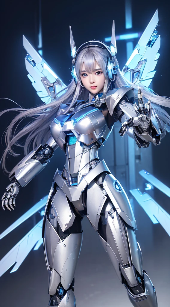 ((Intense action pose:1.6))、((Shining lenses on both breasts:1.3))、((Blue pillars of light are emanating from both chests.:1.3))、smile、((8K)), ((32k)), ((Highest quality)), ((masterpiece)), ((超A high resolution)), ((Tmasterpiece)), ((Halation:1.4))、((Mechaニカルheadgear:1.2))、((Cyber headphones:1.3))、Fine skin, High quality fabric, Fine metal texture、((Beautiful and dense face))、RAW Photos、Professional, Ultra-fine painting, ((alone)), Beautiful breasts、Highest quality, Very detailed, Very detailed詳細, Finer details, so beautiful, ((Princess Knight Robot:1.2)),  (Joints of machines, Mechanical Limbs:1.3), (The internal structure of the machine is :1.3), (Long silver hair:1.1), (Beautiful and huge mechanical breasts)、White Veil, cowboy_shot, Side Focus, headgear, Shiny、(Five Fingers, Four fingers and thumb),Concept Art, Anime fantasy artwork, Detailed fantasy art, (with pale blue-violet hair and large white wings,,,,,,,), (((Long silver hair))), (Mecha:1.6)、Sleek and intimidating design, ((Commander-in-Chief'arm)), (Perfect robot body)、純白と青紫armまたは, Symmetrical wings, 8K high quality, detailed art, 3D rendering of character art in 8K, neat legs, Defined, Defined fingers,