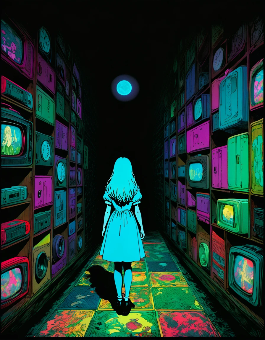 illust、art、from 80s horror movie, directed by Junji Ito、Alice in Wonderland、high detail, realsitic shadow、Analog style, vhs style, 8mm film, chromatic aberration, Dvd screengrab、Surrealism