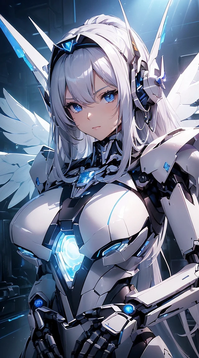 ((Intense action pose:1.6))、((Shining lenses on both breasts:1.3))、((Blue pillars of light are emanating from both chests.:1.3))、smile、((8K)), ((32k)), ((Highest quality)), ((masterpiece)), ((超A high resolution)), ((Tmasterpiece)), ((Halation:1.4))、((Mechaニカルheadgear:1.2))、((Cyber headphones:1.3))、Fine skin, High quality fabric, Fine metal texture、((Beautiful and dense face))、RAW Photos、Professional, Ultra-fine painting, ((alone)), Beautiful breasts、Highest quality, Very detailed, Very detailed詳細, Finer details, so beautiful, ((Princess Knight Robot:1.2)),  (Joints of machines, Mechanical Limbs:1.3), (The internal structure of the machine is exposed:1.3), (Long silver hair:1.1), (Beautiful and huge mechanical breasts)、White Veil, cowboy_shot, Side Focus, headgear, Shiny、(Five Fingers, Four fingers and thumb),Concept Art, Anime fantasy artwork, Detailed fantasy art, (with pale blue-violet hair and large white wings,,,,,,,), (((Long silver hair))), (Mecha:1.6)、Sleek and intimidating design, ((Commander-in-Chief&#39;arm)), (Perfect robot body)、純白と青紫armまたは, Symmetrical wings, 8K high quality, detailed art, 3D rendering of character art in 8K, neat legs, Defined, Defined fingers,