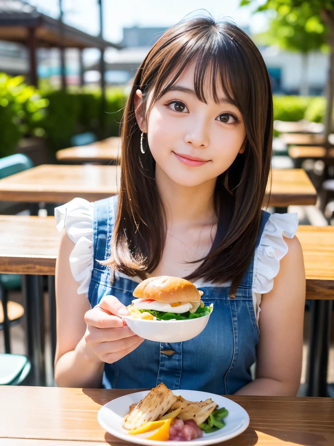 (Best-quality, Masterpiece, Ultra-High-Resolution, (Photorealistic:1.4), Raw Photo, depth of field, professional lighting, perfect ???????, extremely details), 1girl, 15-years-old, the most famous Japanese idol, ((at outdoor terrace of Cafe, eating lunch)), looking at viewer, innocent smile, wearing summer-clothes with cute-design, ((extremely cute face like the most popular Japanese idol, ((extremely cute and extremely big eyes)), extremely realistic hair, extremely beautiful and extremely realistic skins)), extremely cute long-eyelashes, extremely cute lips, detailed lunch-box