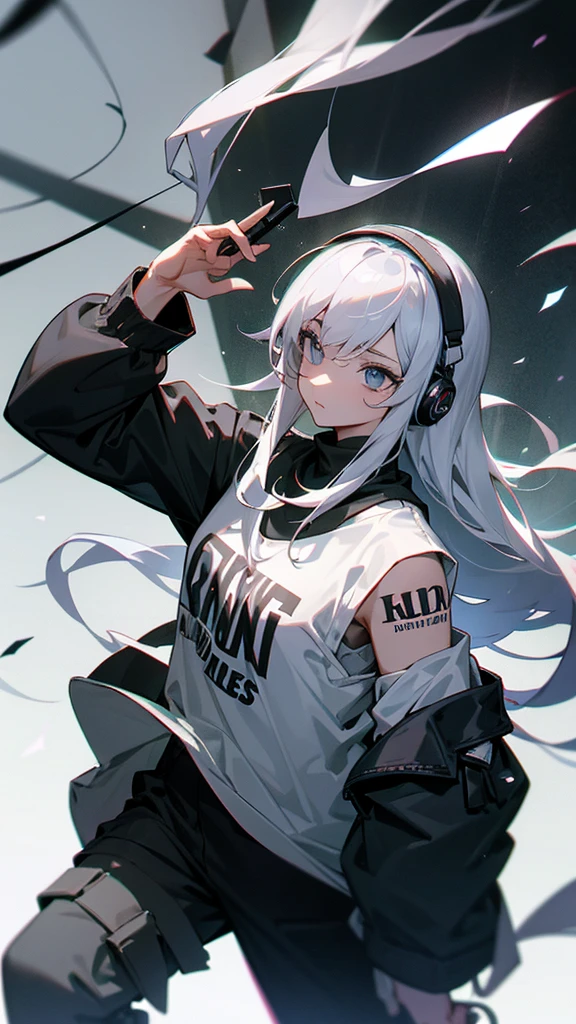 
“Create a high-resolution image of a character with long silver hair wearing a cap. The character’s hair is tied and falling down from the back of the cap. They are dressed in an off-shoulder black shirt with the word ‘ROCK’ in white letters on the chest. The character has tattoos on their arm and is wearing loose-fitting gray cargo pants. They are also wearing headphones. The background is a dimly lit alleyway.”

