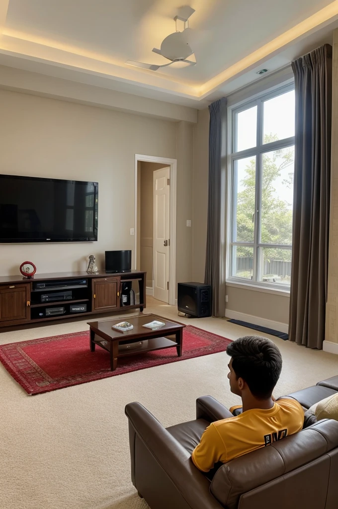 RCB Team Prompt In a spacious, tastefully decorated living room, a lifelike scene unfolds. A young man, approximately 15 years old, engrossed in an IPL match, sits before a grand LED TV. He proudly sports a vibrant RCB Team jersey on which name "haris" and the number "CB" emblazoned boldly. The natural lighting cascades through the room, illuminating every detail, while the LED TV screen displays the match in all its glory, captivating the viewer's
attention.