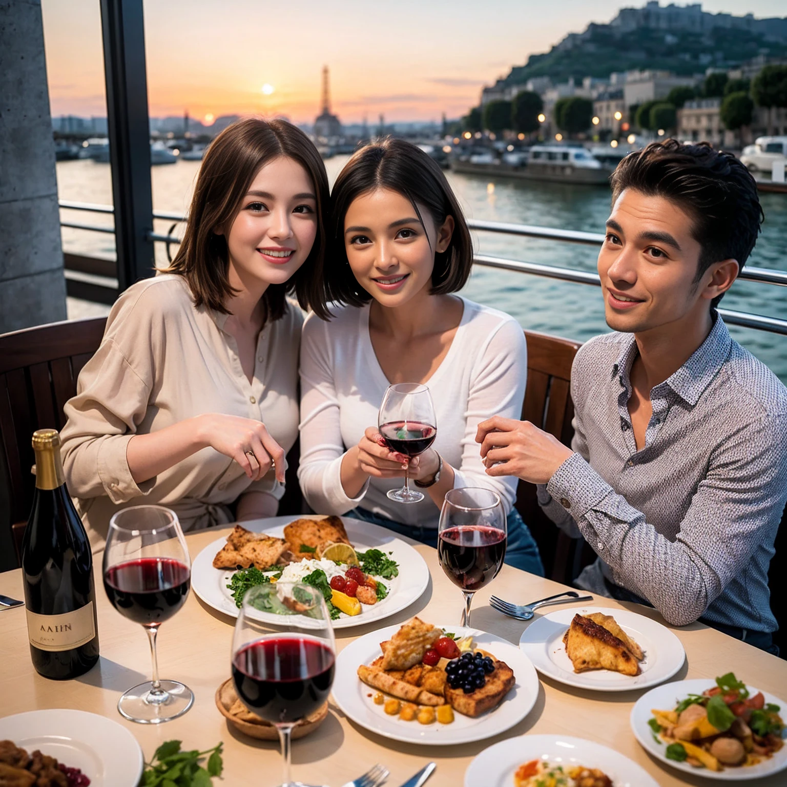 ((Highest quality、8K、masterpiece:1.3))、1 male 1 female、lover、Beautiful couple、Happy smile、full-course dinner、 (Slim face), (the body is スリム), (Brown Hair), (Shortcuts), ((Bob Hale、Straight hair:1.2)), テーブルの上のwine glass、Put the light on your face、 Amazing view of the sunset sky and clouds、The beauty of a smile、Bright image、Blushing, Shortcuts, (Age 35), 39 years old, Appetizers、Italian food、Wine bottle、Champagne、sparkling wine、Long sleeve shirt、dress、Attractive beauty、restaurant, Nova Frog Style, actress, model, Upper Body, White wine, red wine, wine glass,