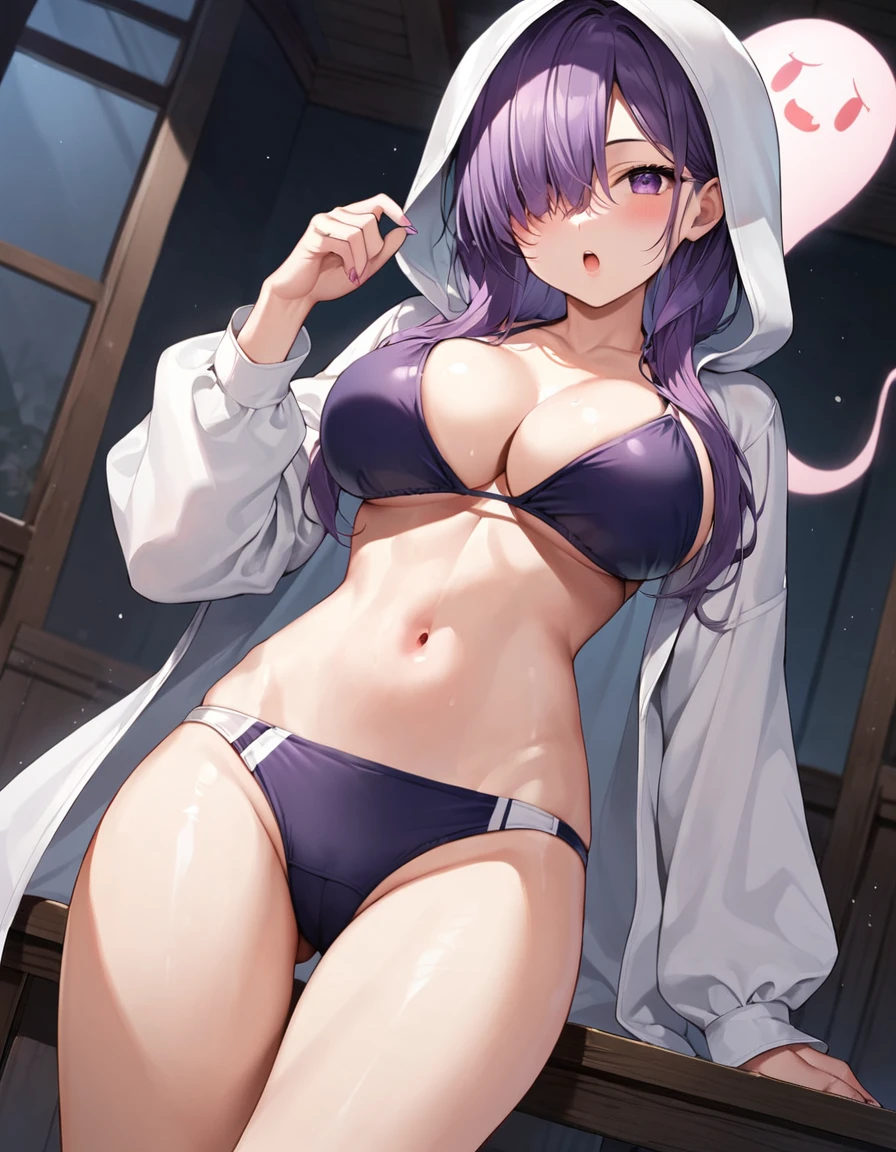 anime_source, (masterpiece), best quality, expressive eyes, perfect face, score_9, score_8_up, score_7_up, 1girl, bikini, black background, breasts, ghost, ghost costume, hair over one eye, hood, large breasts, long hair, looking at viewer, navel, open mouth, purple eyes, purple hair, solo, swimsuit, thighs, indoors