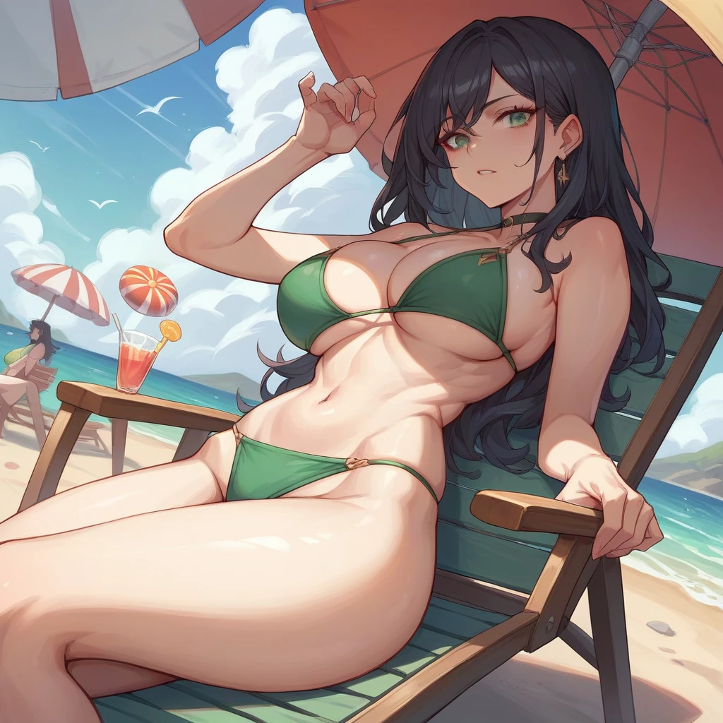 「Black-haired woman、Green Bikini、Large Breasts、Playing with a beach ball on the sand、Parasol and beach chairs in the background」