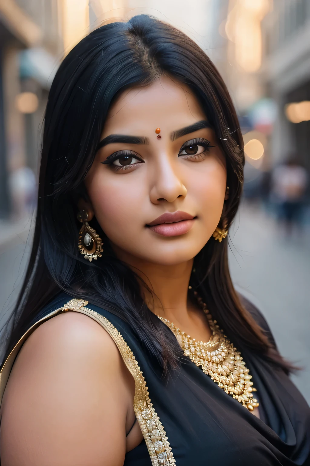 a beautiful chubby desi girl, detailed face with beautiful detailed eyes, beautiful detailed lips, extremely detailed  features, charming black hair, wearing a deep neck top and dupatta, city streets background, (best quality,4k,8k,highres,masterpiece:1.2),ultra-detailed,(realistic,photorealistic,photo-realistic:1.37),HDR,UHD,vivid colors,bokeh,portrait