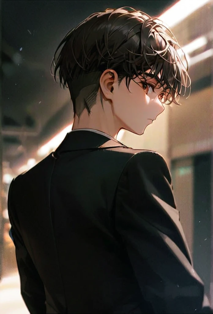 Half body portrait of a young man  ,white short Undercut, brown eyes, wears an all black suit. Stand and look back. Look back. Half-body image. Look back. ยืนท่ามกลางความวุ่นวาย