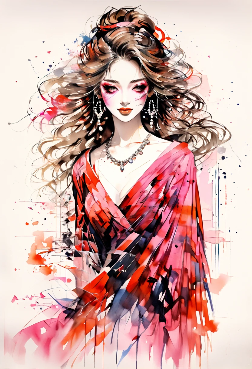 (Highest quality:0.8), (Highest quality:0.8), Perfect illustration,Beautiful woman portrait、One girl, bangs, Black nails, Blonde, , clavicle,  Earrings, Fashion G,  jewelry, looking at iniewer, , Manicure, necklace,  Long Hair,  sleeines past wrists, 一人in, Both sides up, Upper Body, in, Pop Background、Droopy eyes、summer、Pink gradient background、金色イブニングdress、派手なMasquerade Mask、Celebrities、dress、風in髪が舞う、Masquerade Mask、Masquerade Mask、Masquerade Mask、Masquerade Mask、Pink Hair