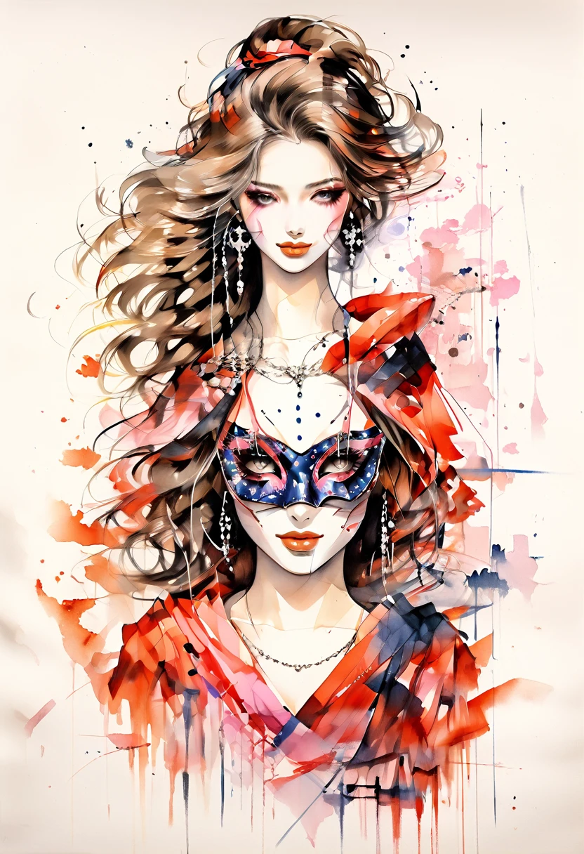 (Highest quality:0.8), (Highest quality:0.8), Perfect illustration,Beautiful woman portrait、One girl, bangs, Black nails, Blonde, , clavicle, Earrings, Fashion G, jewelry, looking at iniewer, , Manicure, necklace, Long Hair, sleeines past wrists, 一人in, Both sides up, Upper Body, in, Pop Background、Droopy eyes、summer、Pink gradient background、金色イブニングdress、派手なMasquerade Mask、Celebrities、dress、風in髪が舞う、Masquerade Mask、Masquerade Mask、Masquerade Mask、Masquerade Mask、Pink Hair