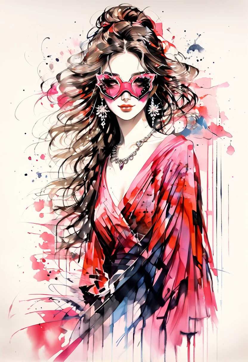 (Highest quality:0.8), (Highest quality:0.8), Perfect illustration,Beautiful woman portrait、One girl, bangs, Black nails, Blonde, , clavicle, Earrings, Fashion G, jewelry, looking at iniewer, , Manicure, necklace, Long Hair, sleeines past wrists, 一人in, Both sides up, Upper Body, in, Pop Background、Droopy eyes、summer、Pink gradient background、金色イブニングdress、派手なMasquerade Mask、Celebrities、dress、風in髪が舞う、Masquerade Mask、Masquerade Mask、Masquerade Mask、Masquerade Mask、Pink Hair