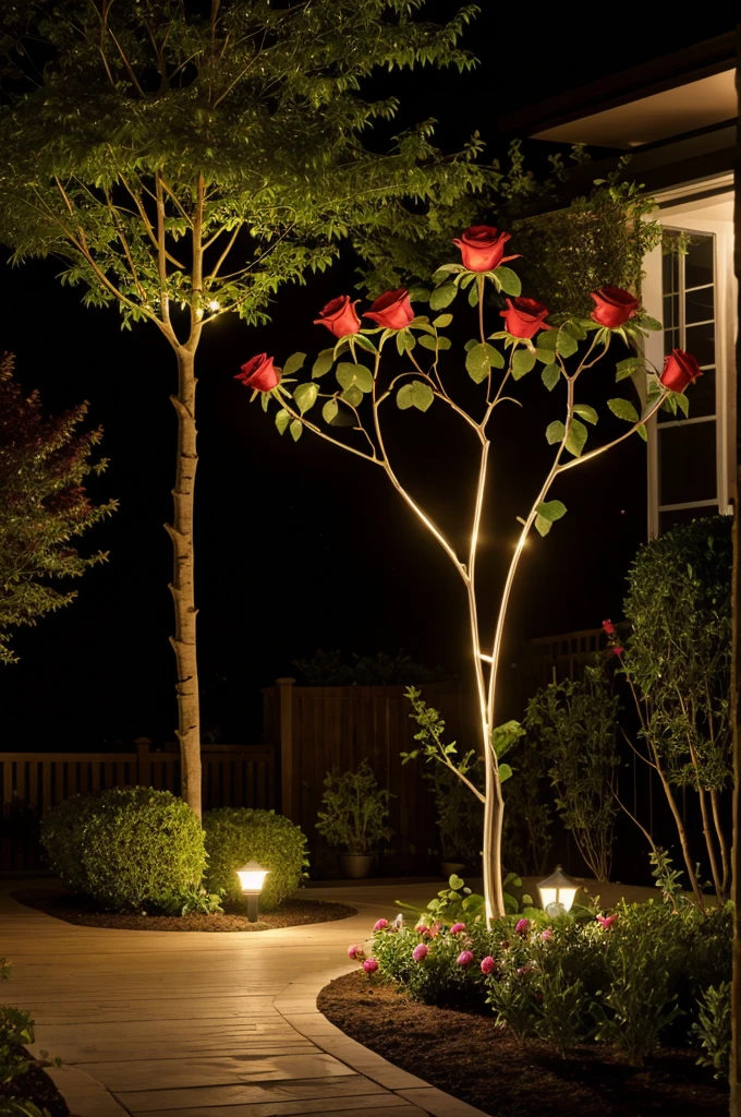 A sculpture in the shape of a rose branch with lighting for garden