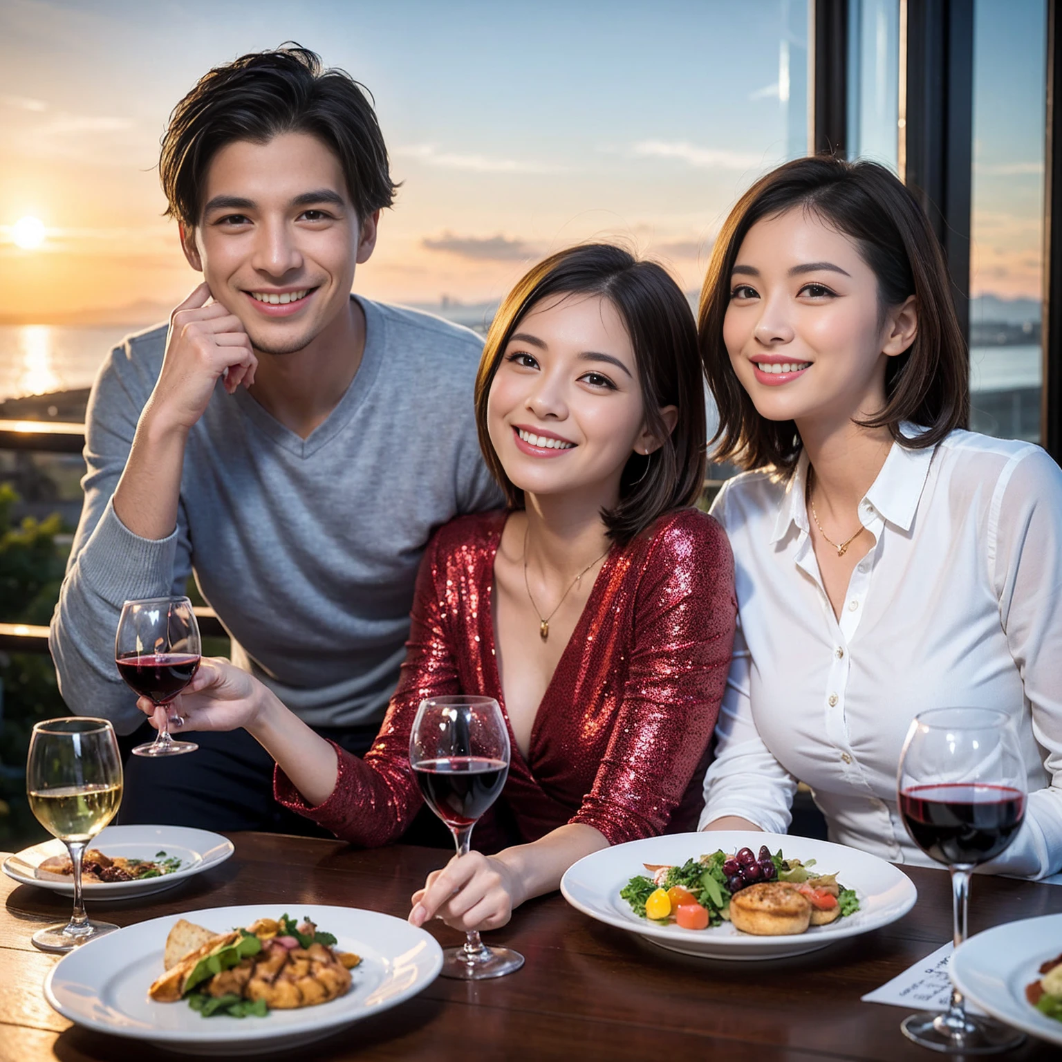 ((Highest quality、8K、masterpiece:1.3))、 (Ultra-realistic、 Genuine、Bright image、Intricate details:1.2), 最高のsmile、1 male、1 female、Beautiful couple、love love love、spouse、spouse、Good friends、actress couple、smile、Full-course dinner at a packed table、 (Slim face), (the body is slim), (Brown Hair), (short hair), テーブルのwine glass、Please shine a light on my face、 Amazing view of the sunset sky and clouds、 39 years old, red wine 、Appetizers、Wine bottle、sparkling wine、Long sleeve shirt、dress、White wine, red wine, wine glass, 