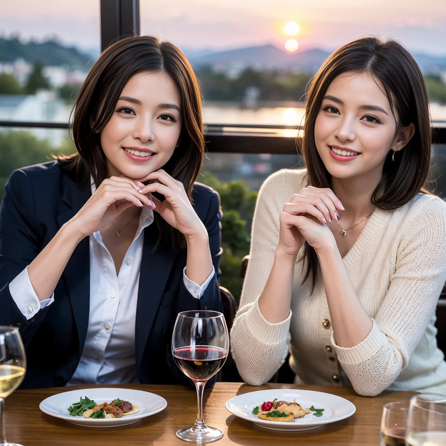 ((Highest quality、8K、masterpiece:1.3))、 (Ultra-realistic、 Genuine、Bright image、Intricate details:1.2), 最高のsmile、1 male、1 female、Beautiful couple、love love love、spouse、spouse、Good friends、actress couple、smile、Full-course dinner at a packed table、 (Slim face), (the body is slim), (Brown Hair), (short hair), テーブルのwine glass、Please shine a light on my face、 Amazing view of the sunset sky and clouds、 39 years old, red wine 、Appetizers、Wine bottle、sparkling wine、Long sleeve shirt、dress、White wine, red wine, wine glass,