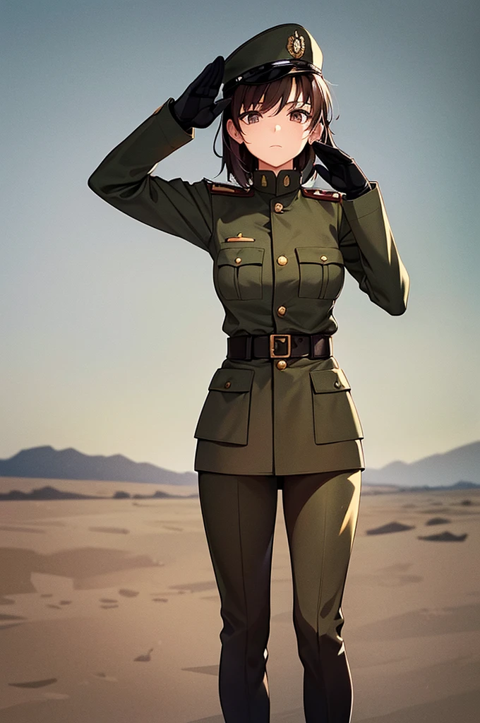 Content:
A black, female general with brown hair and brown eyes. Her uniform takes loose inspiration from German military uniforms, without any medals or a hat. She is saluting to the camera with a confident look in her eyes. She looks serious.

Medium:
Digital art, anime illustration.

Lighting:
Soft, natural lighting to emphasize her features and the details of her uniform, creating a balanced and realistic look.

Colours:
A palette of military greens and browns, with subtle highlights to bring out the texture of the uniform and the character's features. The background is a desert setting.

Composition:
A full-body shot, showcasing the character's mature look. She stands confidently, with her hand raised in a salute, and the desert landscape in the background.