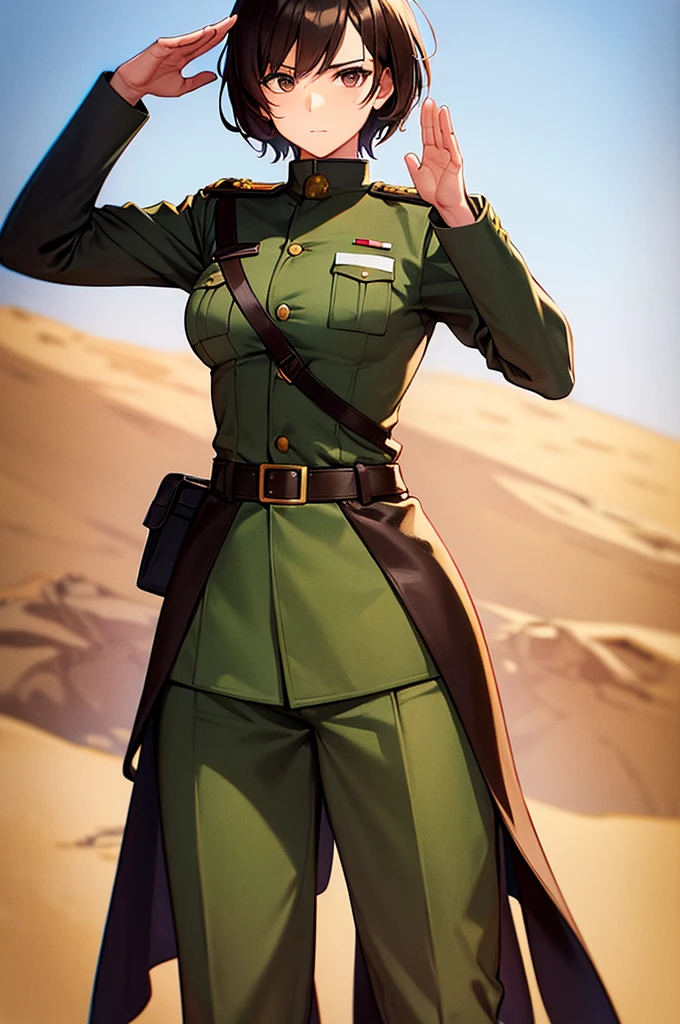 Content:
A black, female general with brown hair and brown eyes. Her uniform takes loose inspiration from German military uniforms, without any medals or a hat. She is saluting to the camera with a confident look in her eyes. She looks serious.

Medium:
Digital art, anime illustration.

Lighting:
Soft, natural lighting to emphasize her features and the details of her uniform, creating a balanced and realistic look.

Colours:
A palette of military greens and browns, with subtle highlights to bring out the texture of the uniform and the character's features. The background is a desert setting.

Composition:
A full-body shot, showcasing the character's mature look. She stands confidently, with her hand raised in a salute, and the desert landscape in the background.