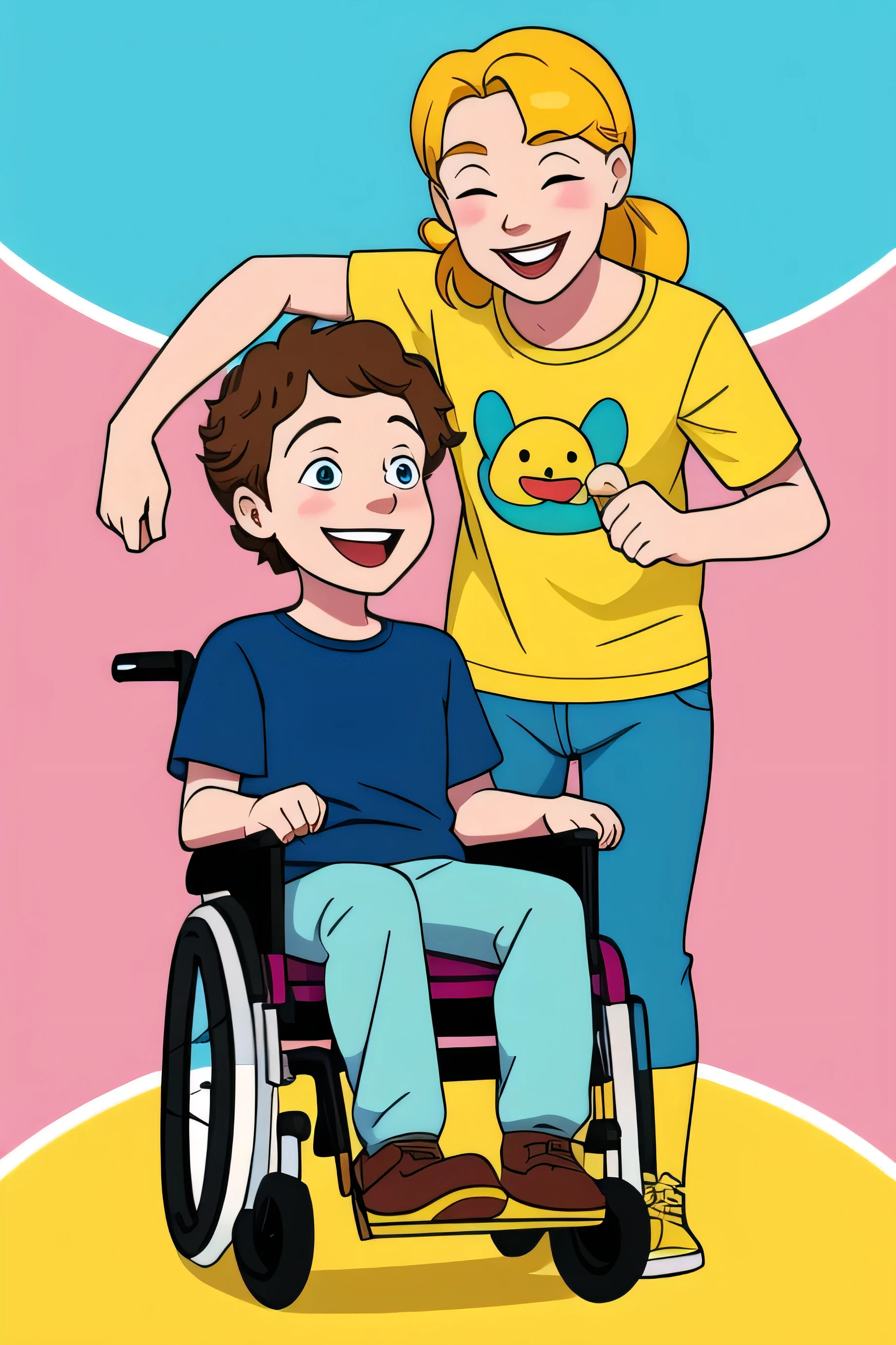 modern illustration of a with a happy face pushing a wheelchair with a boy with a happy face