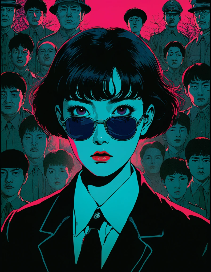 illust、art、from 80s horror movie, directed by Junji Ito、dictator、high detail, realsitic shadow、Analog style, vhs style, 8mm film, chromatic aberration, Dvd screengrab、Surrealism