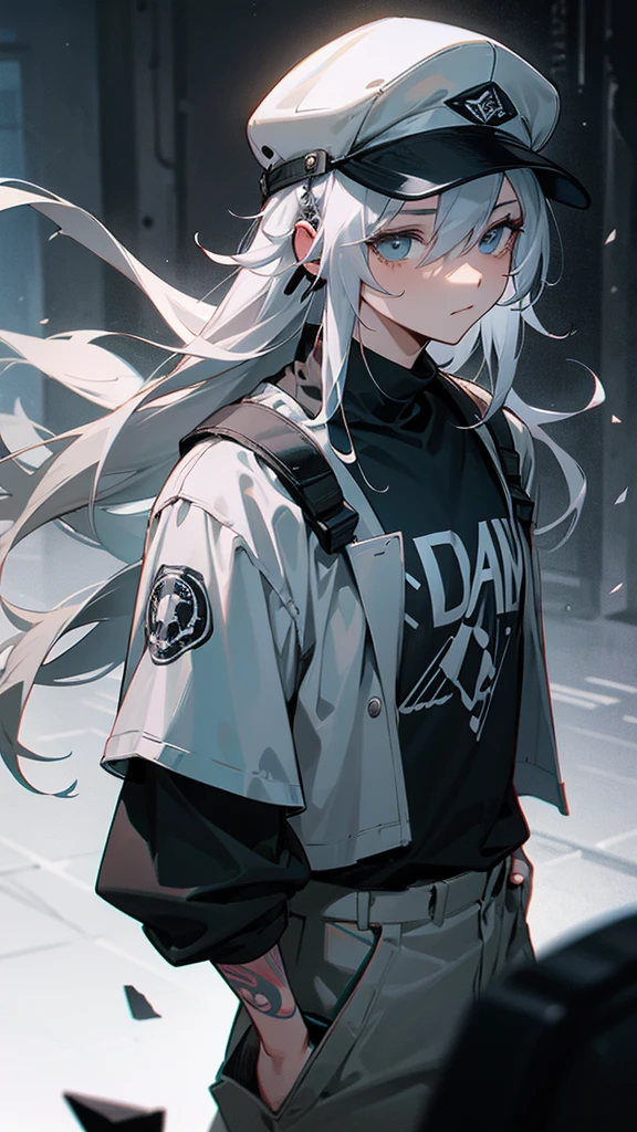 “Create a high-resolution image of a character with long silver hair wearing a cap. The character’s hair is tied and falling down from the back of the cap. They are dressed in an off-shoulder black shirt with the word ‘ROCK’ in white letters on the chest. The character has tattoos on their arm and is wearing loose-fitting gray cargo pants. They are also wearing headphones. The background is a dimly lit alleyway.”