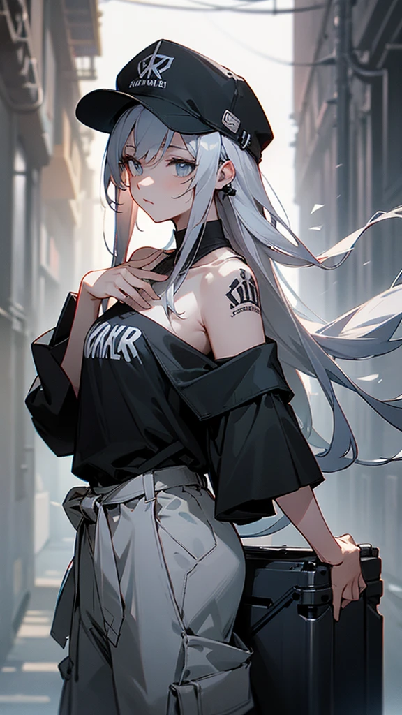 “Create a high-resolution image of a character with long silver hair wearing a cap. The character’s hair is tied and falling down from the back of the cap. They are dressed in an off-shoulder black shirt with the word ‘ROCK’ in white letters on the chest. The character has tattoos on their arm and is wearing loose-fitting gray cargo pants. They are also wearing headphones. The background is a dimly lit alleyway.”