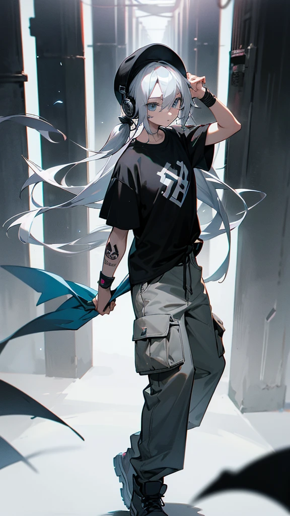 
“Create a high-resolution image of a character with long silver hair wearing a cap. The character’s hair is tied and falling down from the back of the cap. They are dressed in an off-shoulder black shirt with the word ‘ROCK’ in white letters on the chest. The character has tattoos on their arm and is wearing loose-fitting gray cargo pants. They are also wearing headphones. The background is a dimly lit alleyway.”


