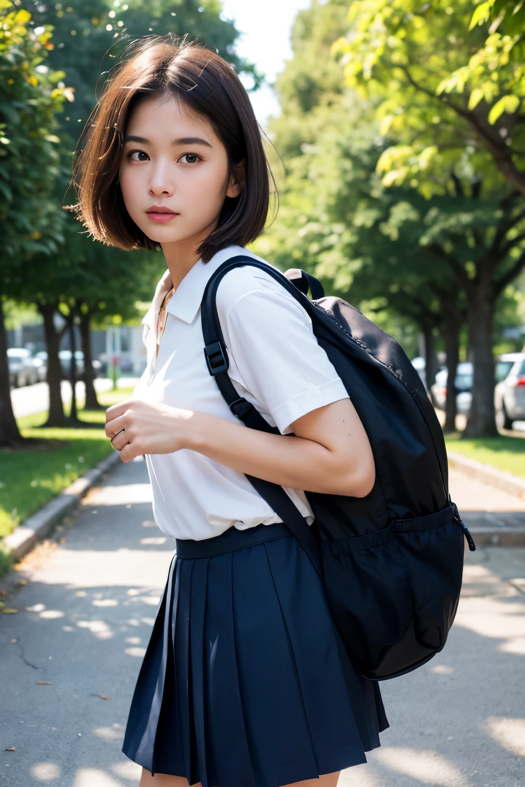 Highest quality, Face Focus, Soft Light, Ultra-high resolution, (Realistic:1.4), RAW Photos, 1 Japanese girl, alone, cute, (smile:0.5), (Brown eyes, Light in your eyes), Beautiful face in every detail,(High resolution detail of human skin texture), (Short Bob Hair), high school student, uniform, Navy blue pleated skirt, Plain white dress shirt, street tree,Sidewalk, Short sleeve,Thin your eyebrows,elevate the nose,whole body,Brown Loafers,Black nylon backpack,